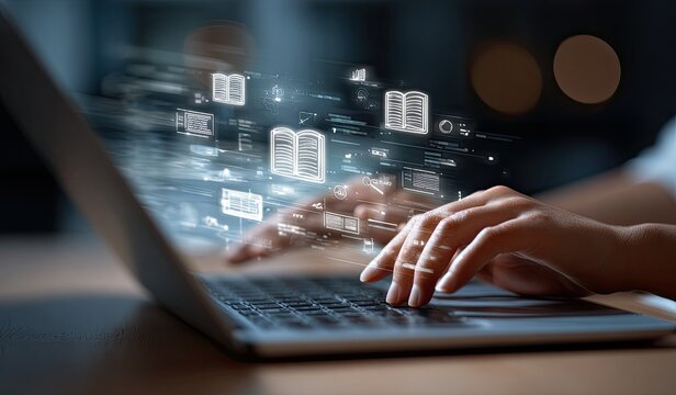 Hands typing on laptop, digital book icons hover
