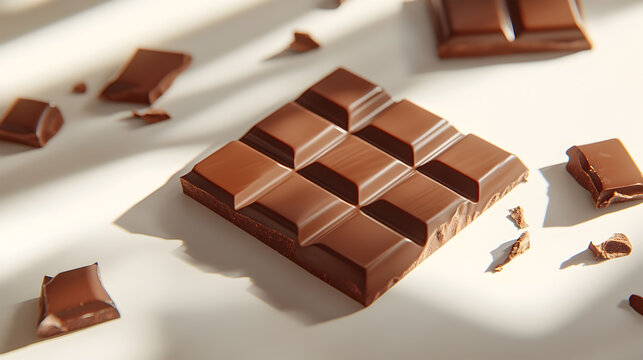 A chocolate bar with a few pieces missing. The chocolate bar is cut into squares and is surrounded by chocolate shavings
