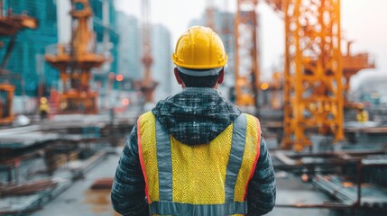 Construction worker, back view, focused on a city site