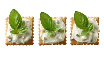 Three crackers topped with cream cheese and fresh basil
