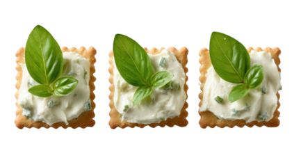 Three crackers topped with cream cheese and fresh basil