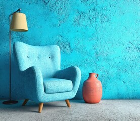Light blue armchair, textured wall, terracotta vase