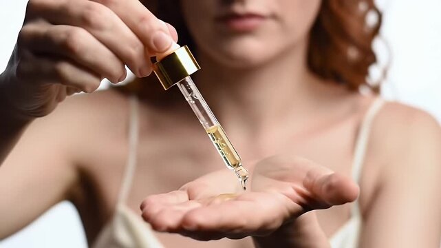 Close Up Of Red Haired Woman Applying Golden Serum To Her Hand In A White Camisole In A Bright White Background For Beauty And Self Care Promotion ads, advertisement, promotion, tutorial