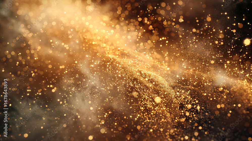 Poster golden glitter particles floating in the air, creating a magical and sparkling abstract backdrop.