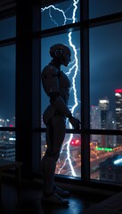 Fototapeta premium Robot standing by window watching lightning storm over city ai generated art image