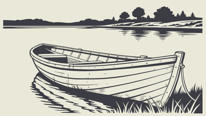 Vintage rowboat on lake vector illustration for lake house decor and lake life designs and boat clip art