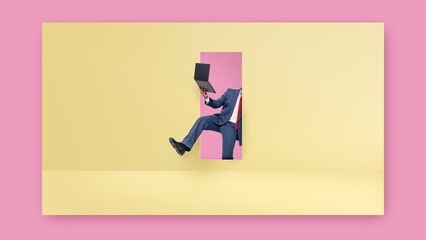 Colorful artwork. Businessman stepping through doorway on pastel background with laptop. Concept of digital innovation, web design 2.0, fashion influence, stylish modern work, and transformation.