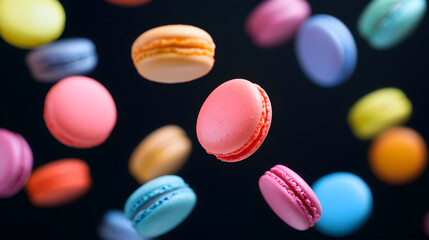 Obraz premium A colorful array of macarons are flying through the air. The macarons are of various colors, including pink, yellow, and blue. The scene is lively and playful