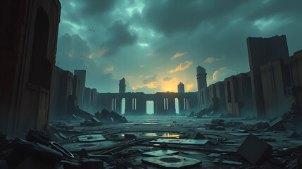 Escena apocaliptica futurista ruinas conflicto