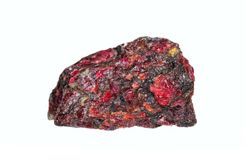 Rare natural rough Eudialyte gemstone on white background, a radioactive cyclosilicate mineral containing zirconium and rare earth elements (REE)