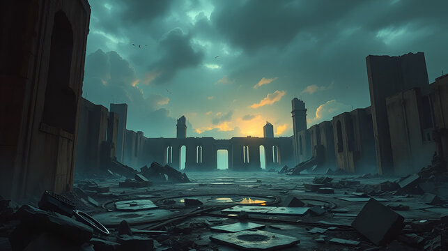 Escena apocaliptica futurista ruinas conflicto