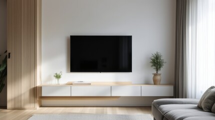 Minimalist living room with wall-mounted TV and low console