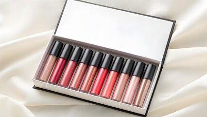 Elegant Lip Gloss Set Mockup with Multiple Tubes in Open Box on Stylish Background – Blank Cosmetic Packaging for Branding, Skincare, Beauty, and Makeup Product Design