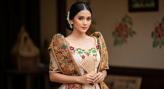 Elegant Filipina woman wearing traditional Baro't Saya dress with ornate embroidery and delicate hand fan