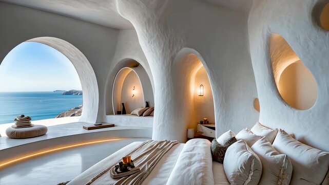 Elegant white cave-style luxury bedroom interior with arched windows overlooking blue sea and bright coastline