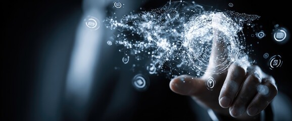 A hand interacts with a digital, ethereal globe-like projection