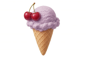 Delicious purple ice cream in a crispy waffle cone, topped with fresh cherries, isolated on a transparent background