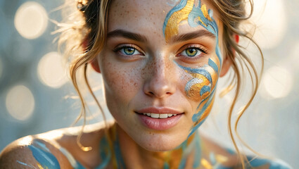 Close-up Portrait of a Woman with Artistic Blue and Gold Face Paint