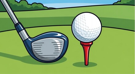 Lets play golf on the green course with a golf ball on the tee and a golf club on the ground