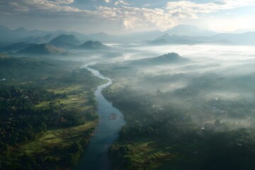 Obraz premium A winding river through misty green valleys under a bright sky.