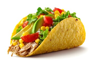 Tortilla filled with shredded chicken, corn, lettuce, tomatoes, and avocado.