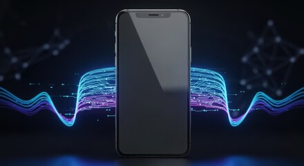 A modern smartphone displaying a dark screen with glowing digital waves and network connections