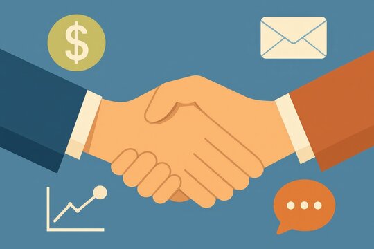 Business collaboration depicted by a handshake with icons representing financial success, communication, and growth.
