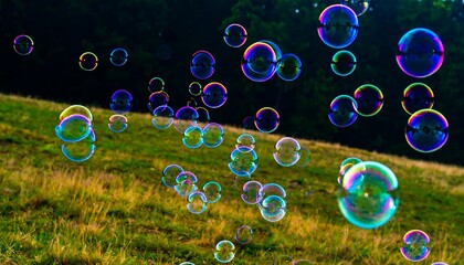 Colorful soap bubbles float over a grassy field