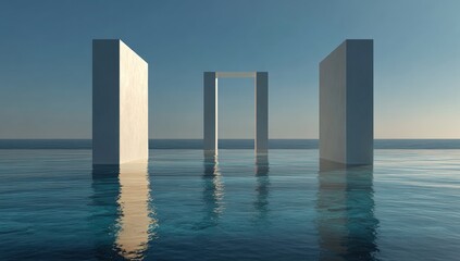 Three white rectangular blocks in calm water