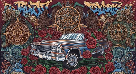 Lowrider car surrounded by roses and Aztec symbols with graffiti art elements