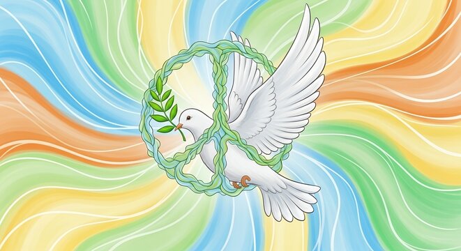 Hopeful white dove carrying olive branch through vibrant peace symbol with rainbow background
