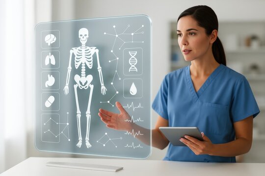 A medical professional interacts with a holographic display of the human anatomy, highlighting intricate details of the skeletal system and related biological functions.