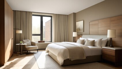 Fototapeta premium Modern bedroom with beige tones, large window, wooden accents
