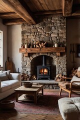 Rustic stone fireplace with warm fire in a cozy living room, vintage style, soft ambient light,