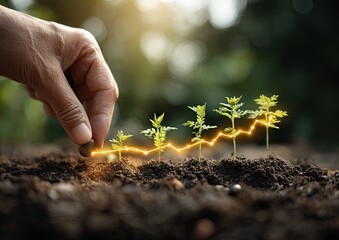 A hand plants a seed in soil, beside growing plants illuminated by a golden upward trendline