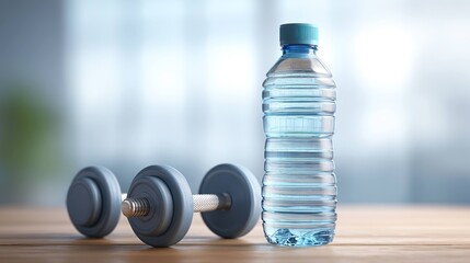Water bottle and dumbbell on table fitness image