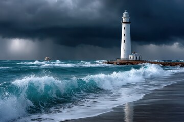 Lighthouse on a rocky coast during a dramatic ocean storm with dark clouds