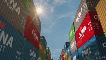 China export production and import cargo containers in row seamless and loopable business concept. Chinese flag industrial shipping box 3d loop. - Powered by Adobe
