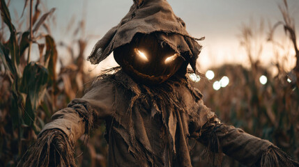 Evil scarecrow with glowing pumpkin head wearing tattered cloak in a spooky cornfield at dusk