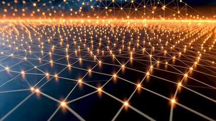 Futuristic glowing digital grid with golden light points connecting across dark background in abstract network - Powered by Adobe