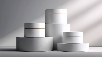 White cosmetic jars on gray platforms