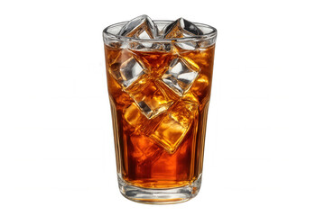 Cold beverage glass containing brewed tea, filled with crystal-clear ice, delivering cool refreshment on transparent surface