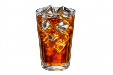 Cold beverage glass containing brewed tea, filled with crystal-clear ice, delivering cool refreshment on transparent surface