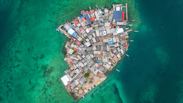 Aerial view of Santa Cruz del Islote, the populated island