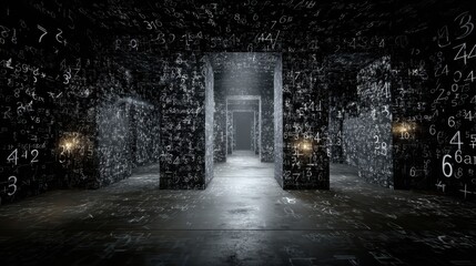 Mathematical equations and formulas covering walls and floor create a mysterious corridor with glowing lights, suggesting a concept of scientific discovery or complex problem solving