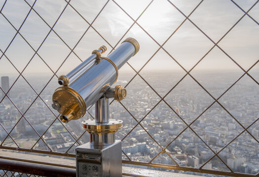 Telescope view from the Eiffel Tower at sunrise