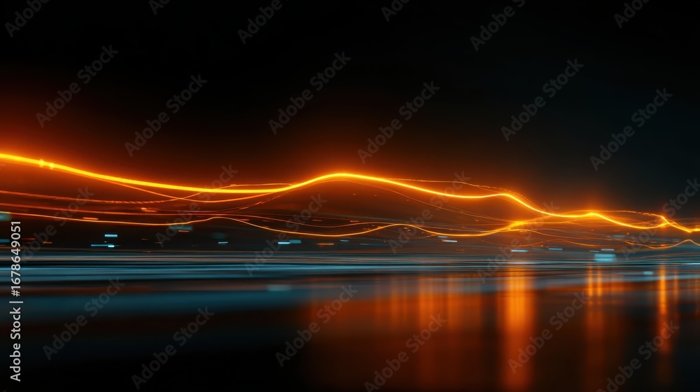 Poster light trails flowing orange over blue horizontal streaks, generating dynamic futuristic abstract vis