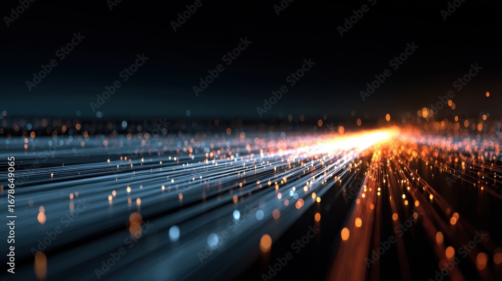 Poster luminous fiber optic strands transmitting data, glowing particles streaming through dark space, repr