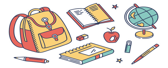Colorful illustration of educational supplies including a backpack, globe, and books arranged on a white background, evoking a sense of learning and creativity.