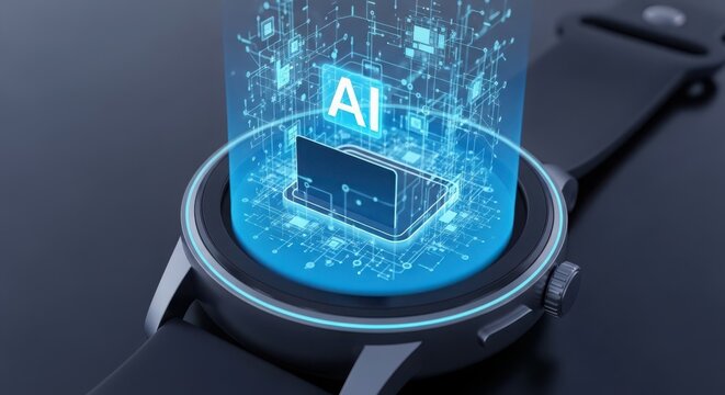 Artificial intelligence concept with ai text glowing on a smartwatch screen, representing future technology and innovation